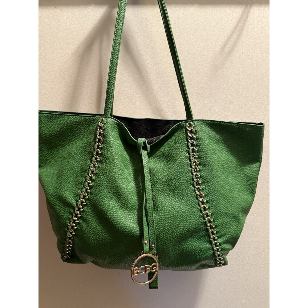 "REVERSIBLE BCBG SHOULDER SATCHEL TOTE BAG  GREEN FAUX LEATHER NWOT